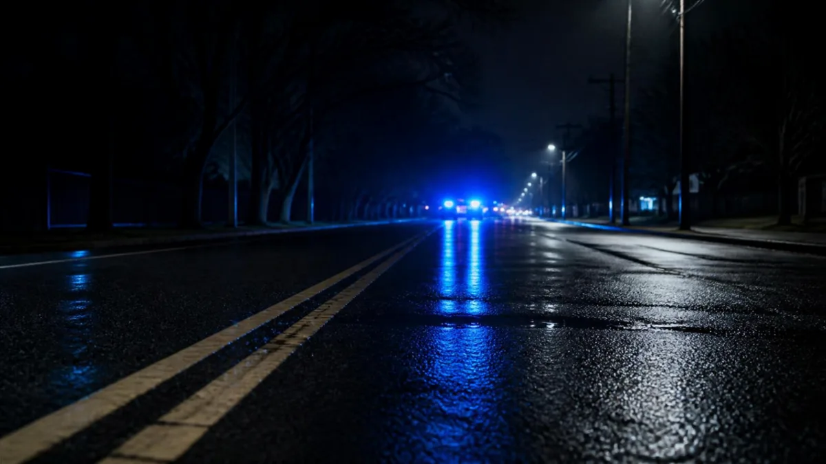 Strada bagnata di notte con luci blu di emergenza sfocate in lontananza che si riflettono sull'asfalto