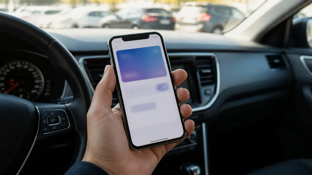 Mano che tiene uno smartphone in auto, simbolo della futura patente digitale europea
