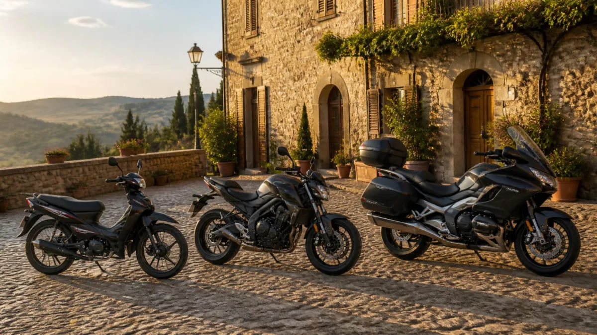 Moto A1, A2 e A a confronto Tre moto di cilindrata diversa parcheggiate affiancate in una piazza di un borgo toscano al tramonto