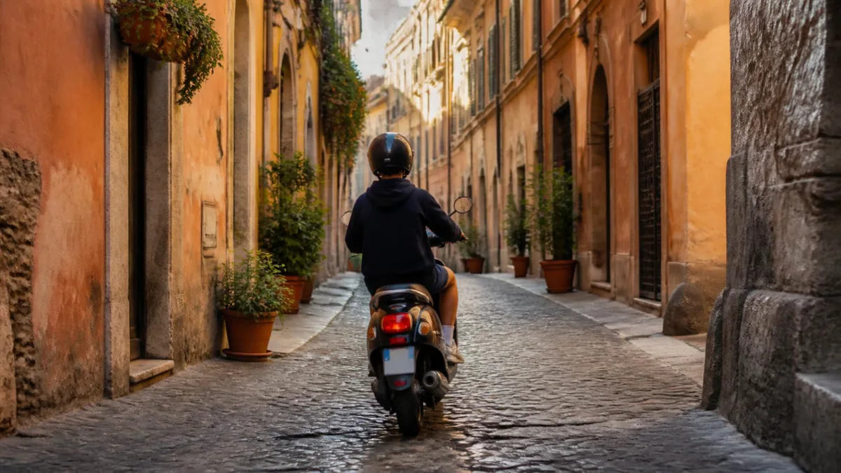 Ragazzo con il casco, di spalle, alla guida di uno scooter 50 in una stradina di Roma