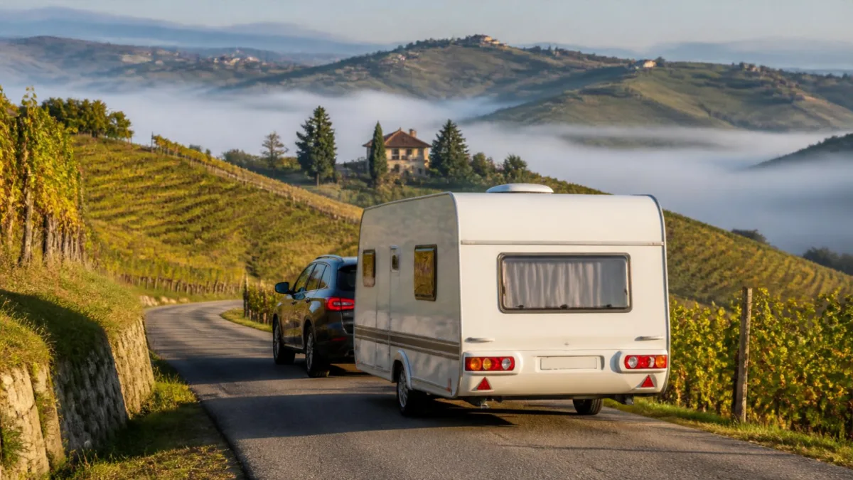 Auto con roulotte tra i vigneti SUV che traina una piccola roulotte su una strada di campagna tra i vigneti delle colline piemontesi