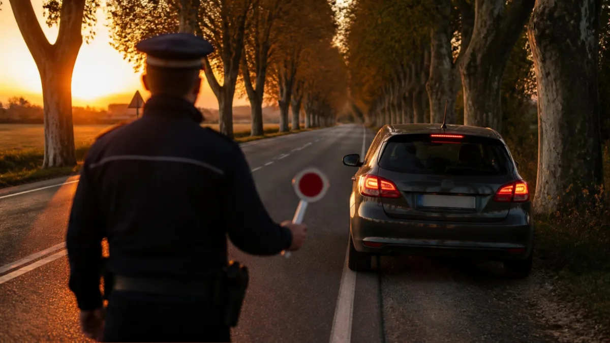 Controllo stradale al tramonto Agente di polizia di spalle con paletta accanto a un'auto ferma sul ciglio di una strada provinciale al tramonto