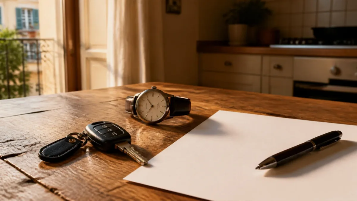 Chiavi dell'auto accanto a un orologio da polso e a un foglio bianco su un tavolo di legno alla luce del mattino