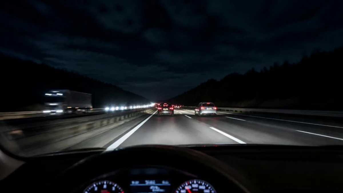 Guida notturna in autostrada vista dall'interno di un'auto