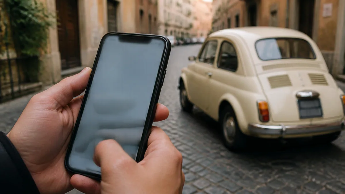 Messaggi sullo smartphone e utilitaria Mani che scorrono messaggi sullo smartphone con un'utilitaria datata sullo sfondo