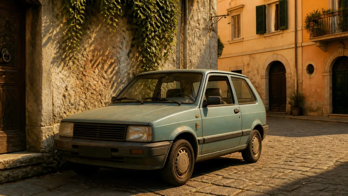 Auto con più di dieci anni parcheggiata in una strada lastricata italiana