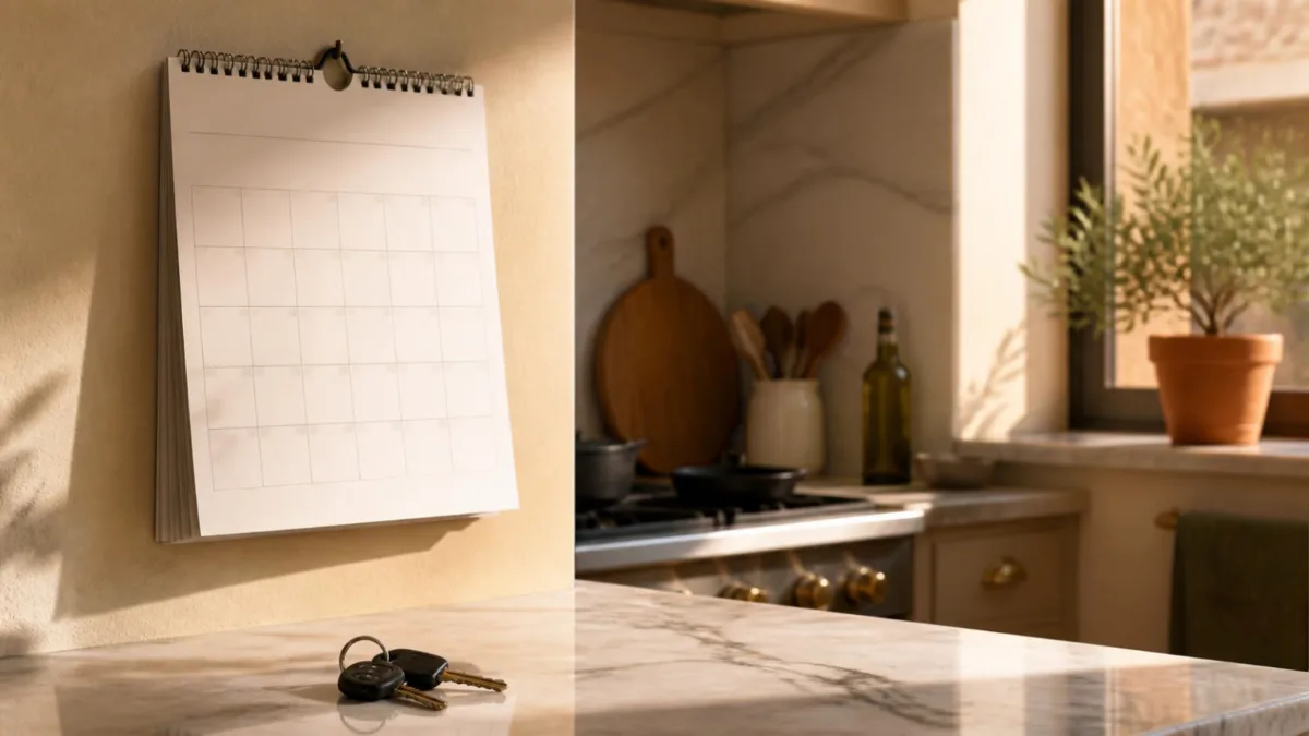 Chiavi dell'auto su un piano di cucina accanto a un calendario appeso