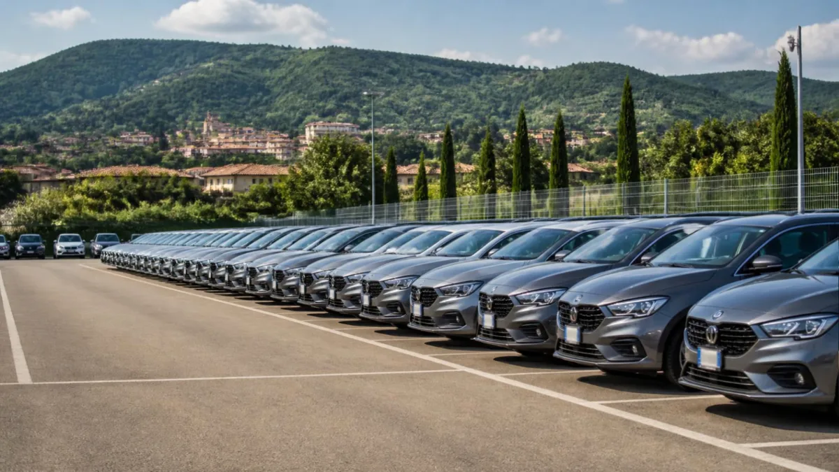 Fila di auto nuove nel piazzale di una società di noleggio