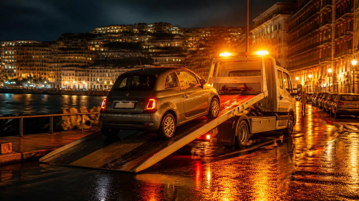 Carro attrezzi di notte Carro attrezzi che carica una piccola utilitaria sul pianale in una strada di Napoli di notte