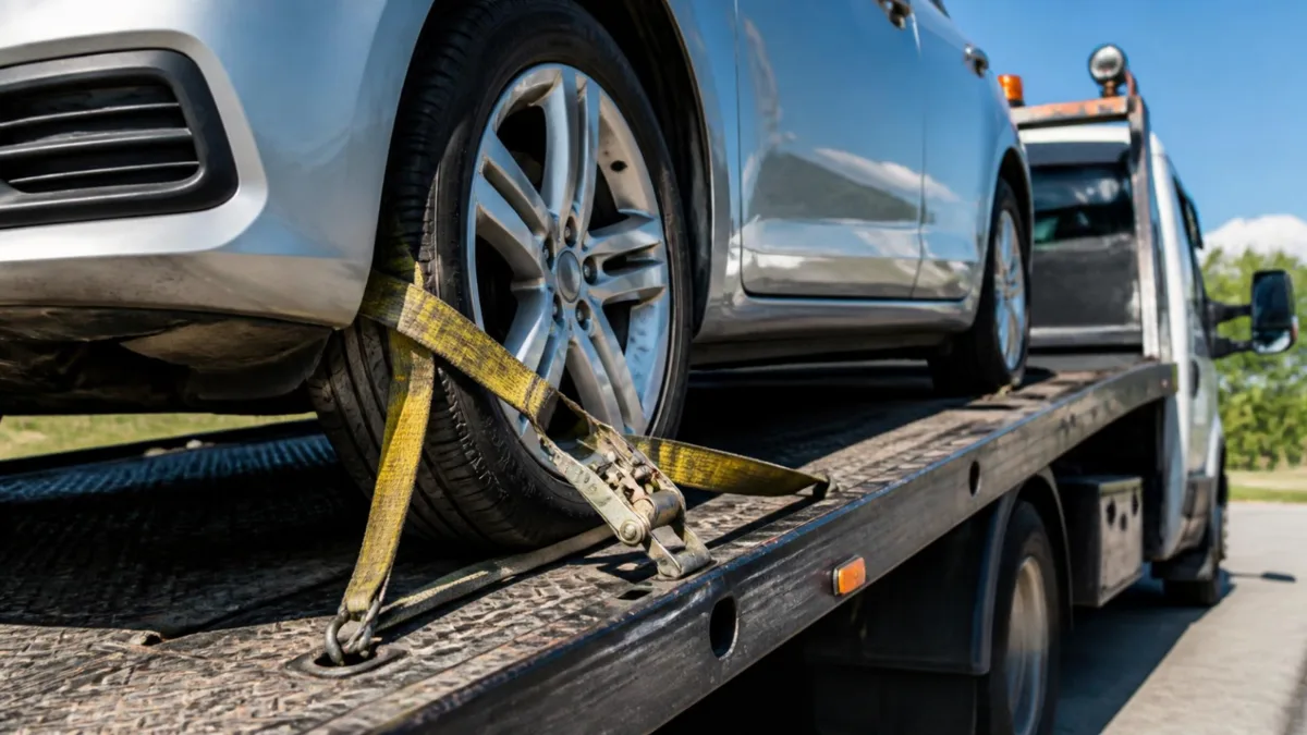 Cinghie gialle fissate alla ruota anteriore di un'auto sul pianale inclinato di un carro attrezzi