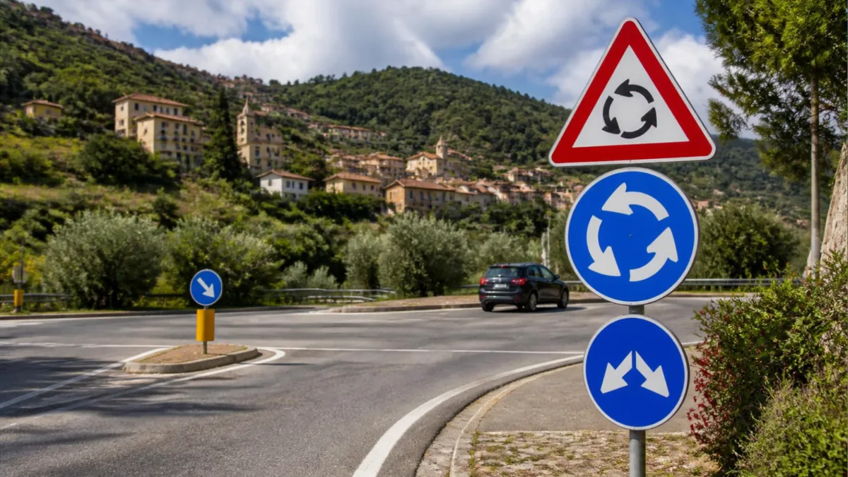 Segnali stradali di pericolo e di obbligo a un incrocio di campagna