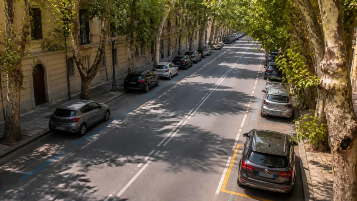 Stalli di sosta lungo un viale Viale alberato visto dall'alto con stalli di sosta delimitati da strisce bianche, blu e gialle