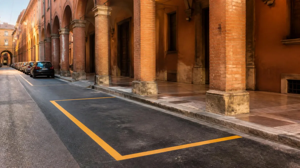 Stallo di sosta vuoto delimitato da strisce gialle accanto ai portici in mattoni di una via di Bologna