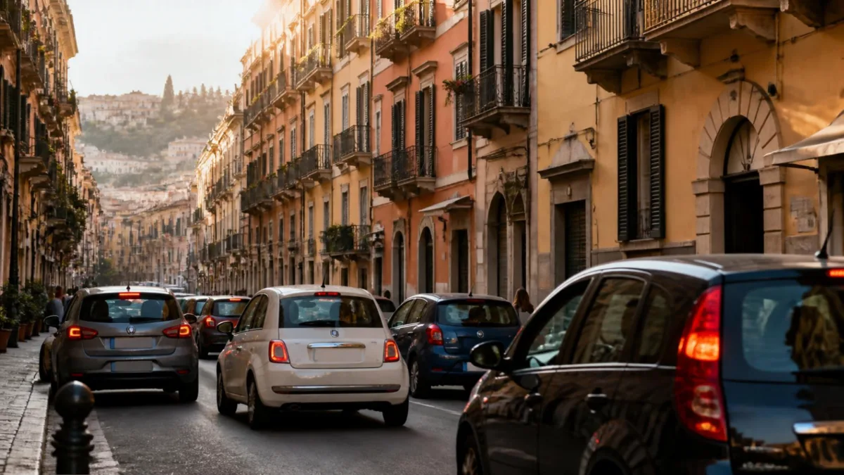 Traffico urbano con utilitarie in una strada italiana