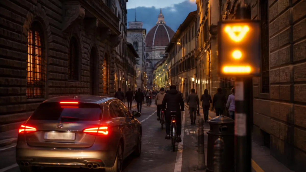 Varco ZTL a Firenze Ingresso di una zona a traffico limitato in una via storica di Firenze al crepuscolo, con varco elettronico sfocato