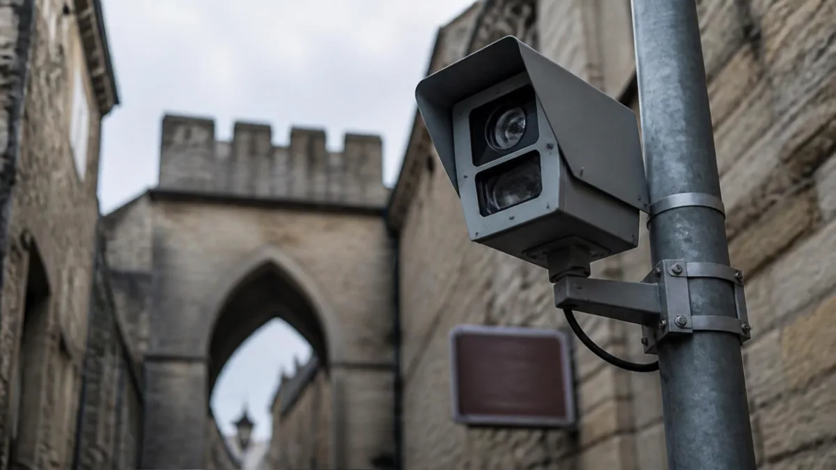Telecamera di controllo su un palo all'ingresso di una stretta via medievale, cielo coperto