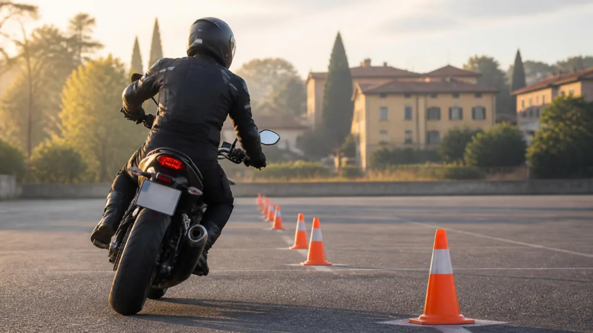 esame-patente-a2-come-si-svolge-cover Candidato in moto tra i coni durante la prova pratica dell'esame per la patente A2 in un piazzale