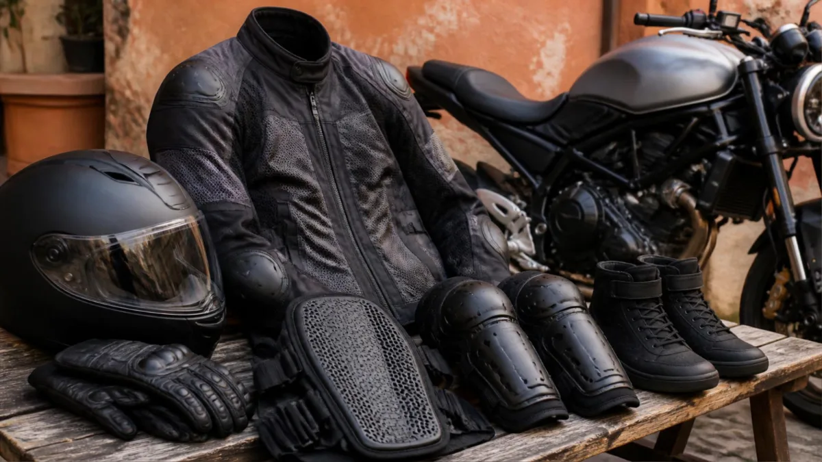 Casco integrale, guanti, giacca con protezioni, paraschiena e ginocchiere pronti per l'esame della patente A2