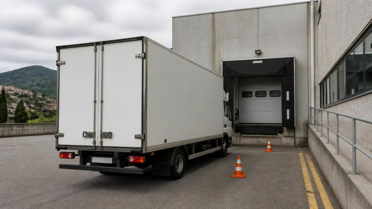 Autocarro con cassone chiuso in retromarcia verso una banchina di carico, coni arancioni sull'asfalto