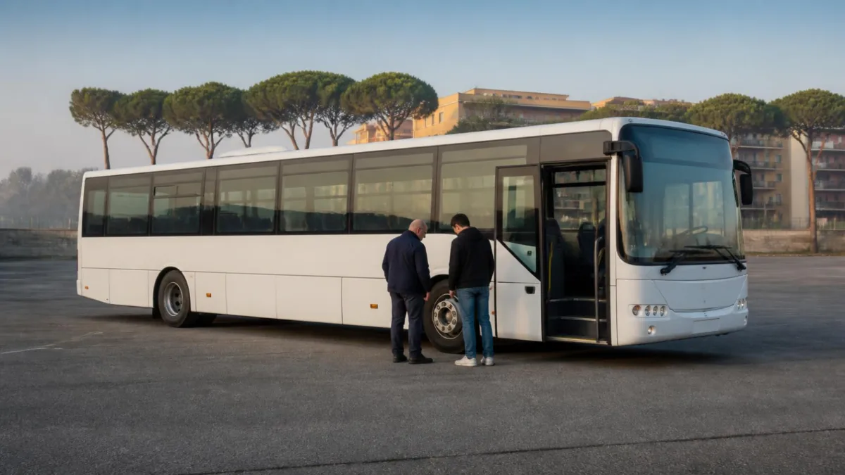 Autobus bianco fermo in un piazzale con la porta anteriore aperta, due persone di spalle accanto alla ruota