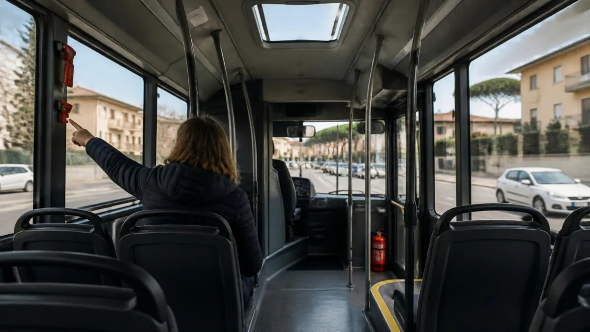 Persona di spalle indica il martelletto di emergenza accanto al finestrino di un autobus, con estintore vicino alla porta