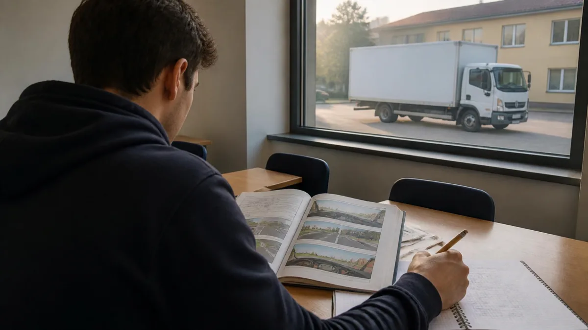 esame-teoria-patente-c-cosa-studiare-cover Candidato di spalle studia un manuale in un'aula di autoscuola, con un autocarro bianco parcheggiato oltre la finestra