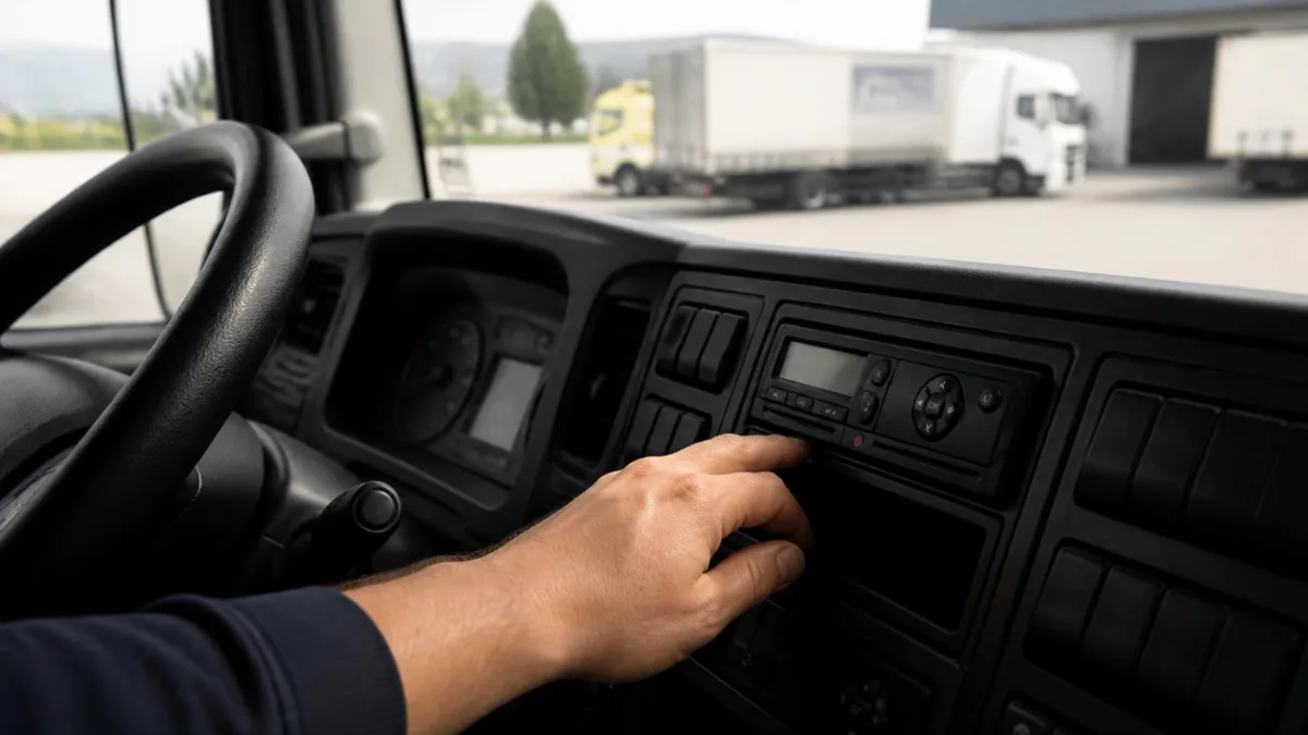 Mano di un conducente vicino al tachigrafo digitale nella cabina di un autocarro fermo in un piazzale