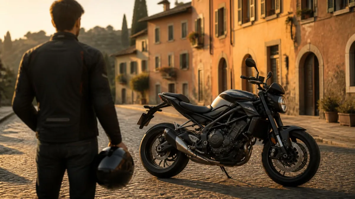 patente-a2-cosa-posso-guidare-cover Giovane motociclista di spalle accanto a una naked di media cilindrata parcheggiata in una via italiana