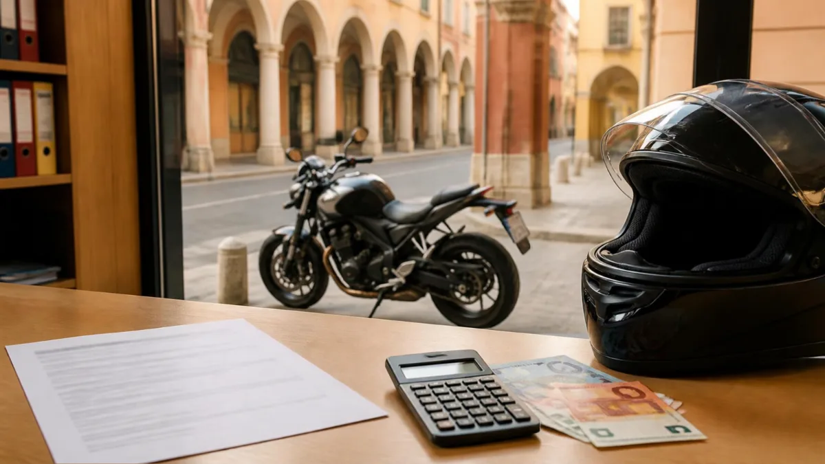 patente-a2-costo-cover Casco integrale, calcolatrice e preventivo sul banco di un'autoscuola, con una moto naked parcheggiata fuori