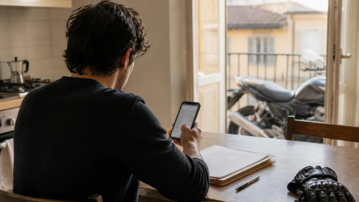 Persona di spalle al tavolo di cucina con smartphone, documenti e guanti da moto mentre paga i versamenti della patente A2