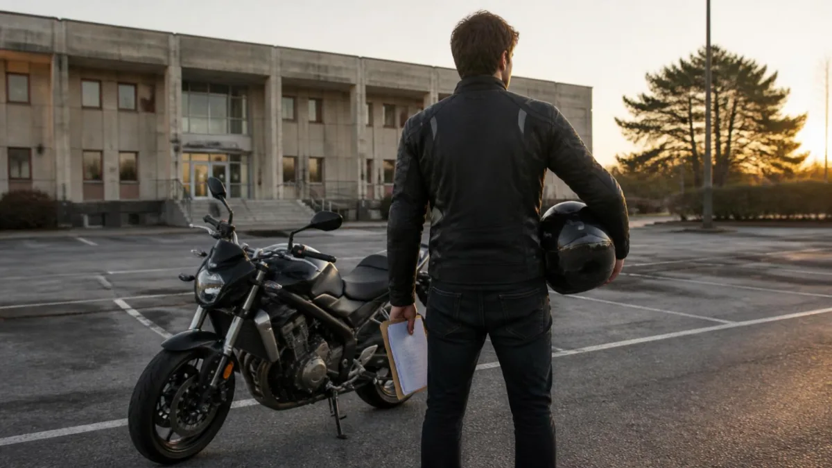 patente-a2-privatista-cover Candidato privatista con casco e cartellina di documenti accanto a una moto davanti a un ufficio della Motorizzazione