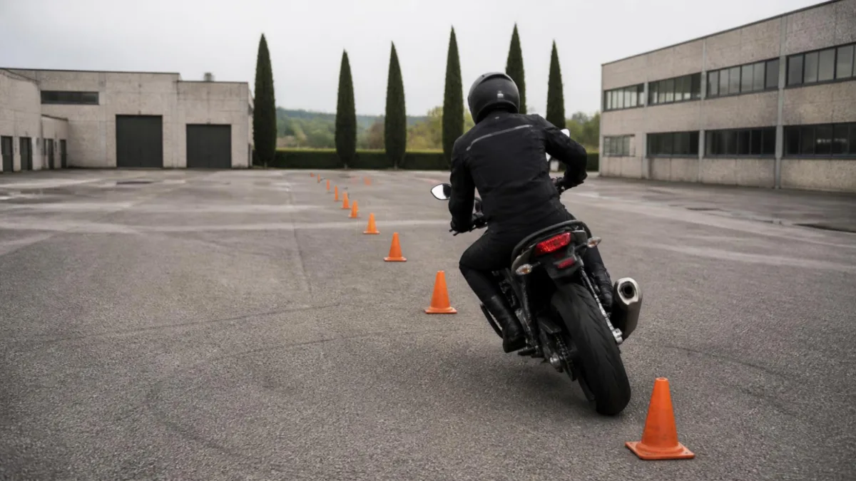 Motociclista con abbigliamento protettivo si esercita da solo nello slalom tra i coni in un piazzale vuoto
