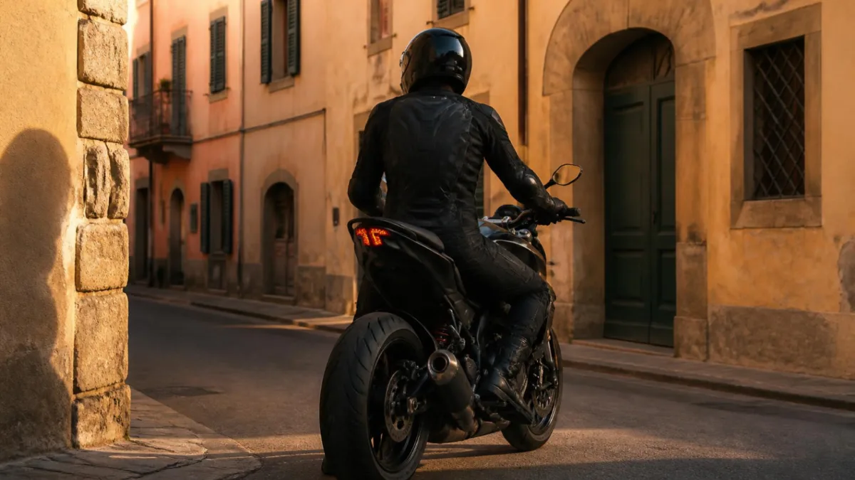 patente-a2-senza-esame-cover Giovane motociclista di spalle su una moto di media cilindrata davanti a un'autoscuola in una via italiana