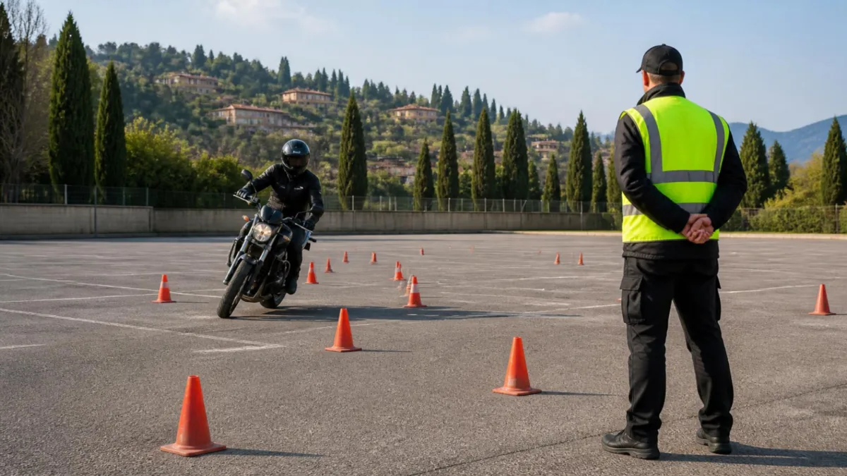 Allievo in moto tra i coni in un piazzale di esercitazione, con l'istruttore che osserva a distanza