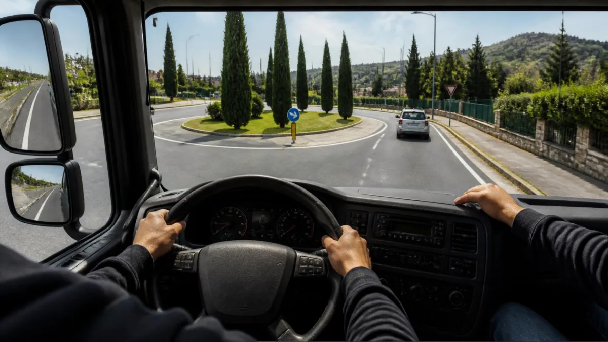 Interno della cabina di un autocarro durante una lezione di guida, mani sul volante e strada provinciale davanti