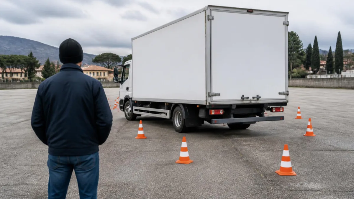 Autocarro in retromarcia in curva tra coni arancioni su un piazzale, con un istruttore di spalle che osserva