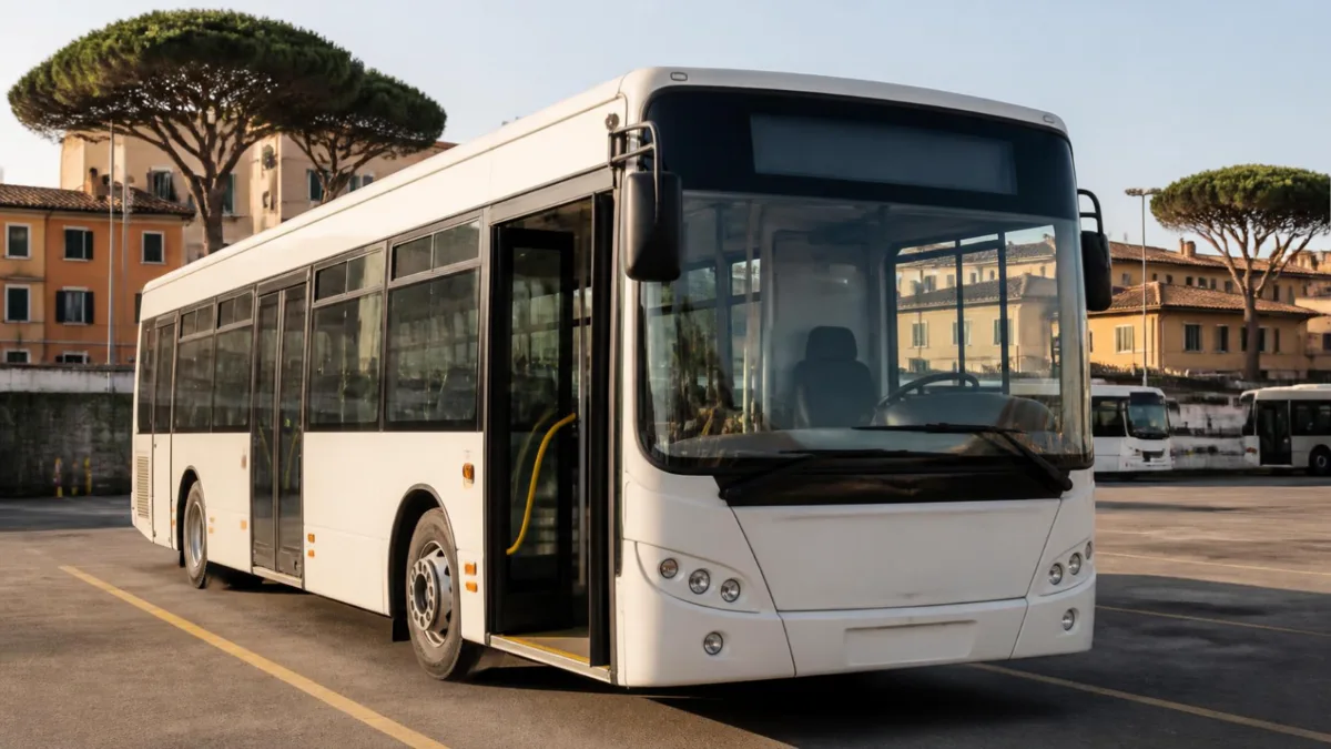 Autobus bianco fermo nel piazzale di un deposito italiano, porta anteriore aperta e posto di guida vuoto