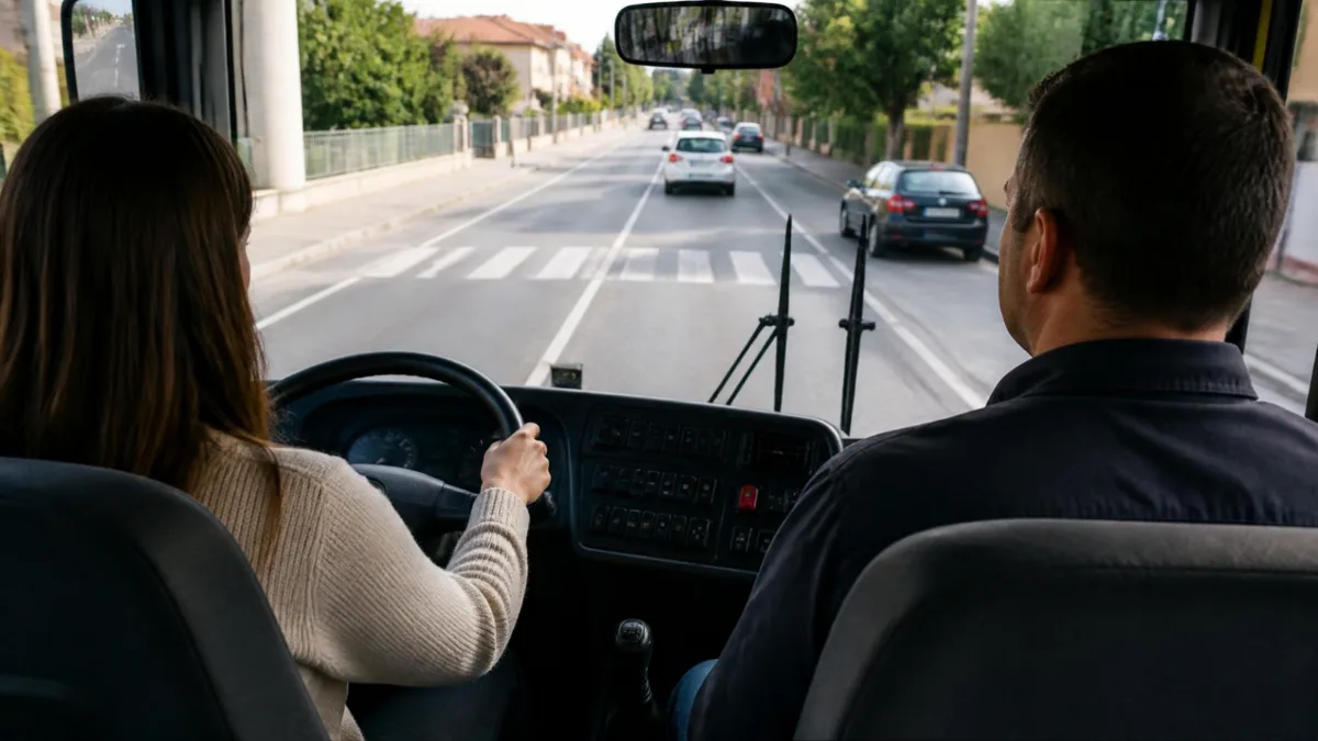 Interno di un autobus da scuola guida: allieva al volante e istruttore seduto accanto, visti di spalle