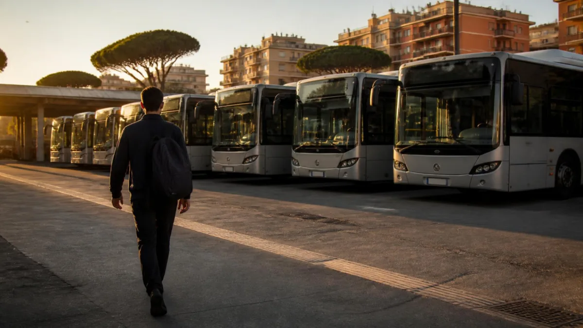 patente-d-eta-requisiti-cover Giovane conducente di spalle cammina verso una fila di autobus urbani fermi in un deposito italiano al mattino