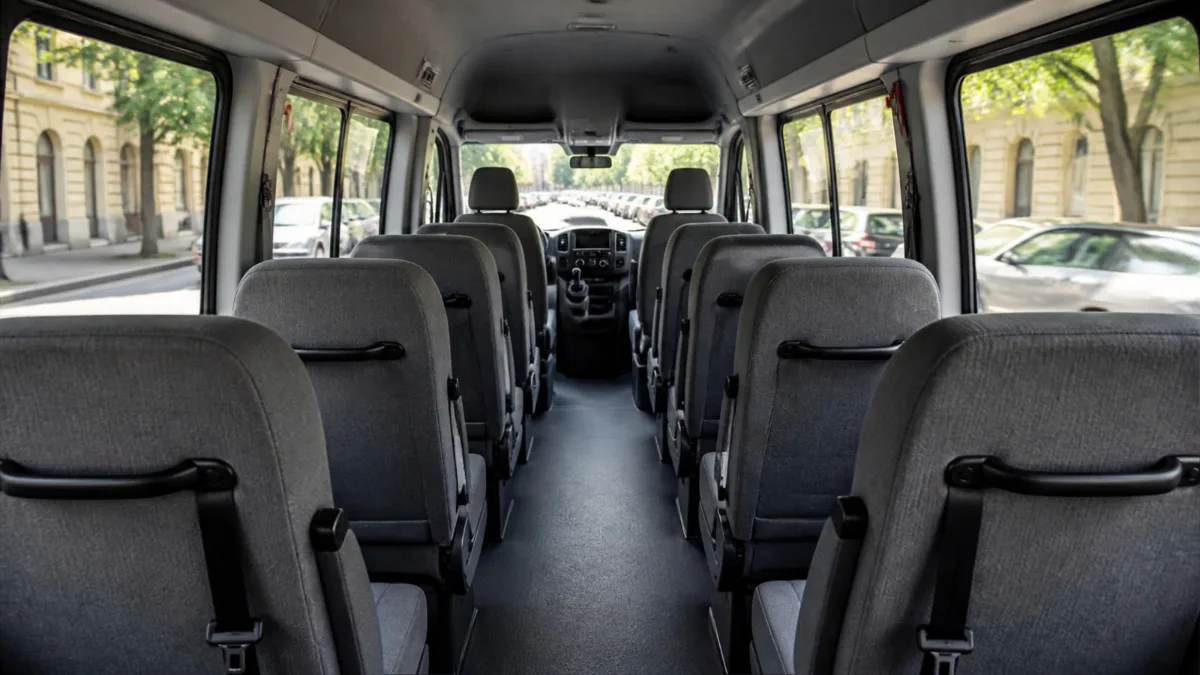 Interno di un minibus vuoto visto dal fondo, con le file di sedili dotati di cinture e la plancia in fondo al corridoio
