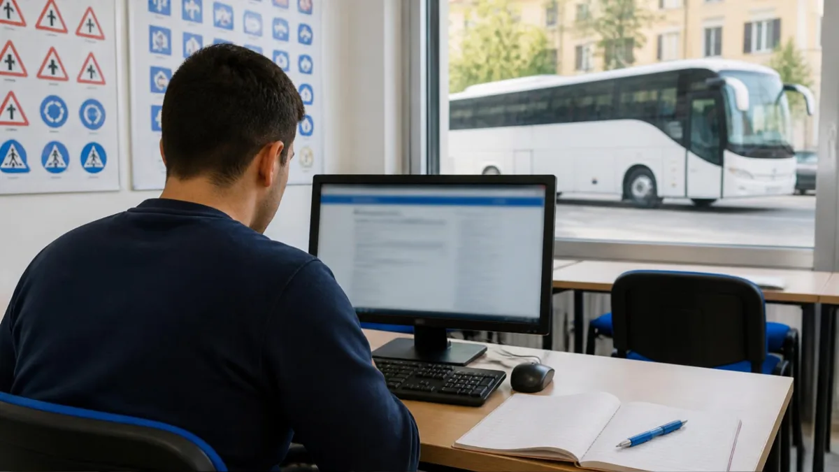 Candidato di spalle davanti a un computer in un'aula di autoscuola, con un pullman bianco fermo oltre la finestra